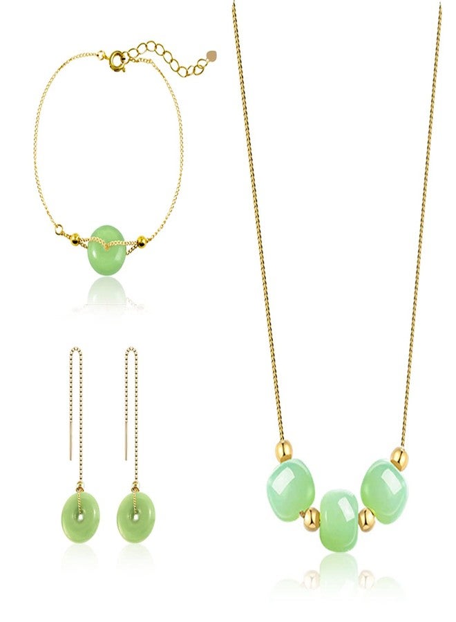 Ezindraw 3 PCS Jade Jewelry Set for Women, Green Jade Beads Pendant Necklace, Green Donuts Drop Earrings, Ring Charm Bracelet, Gift for Mom, Wife - Image 1